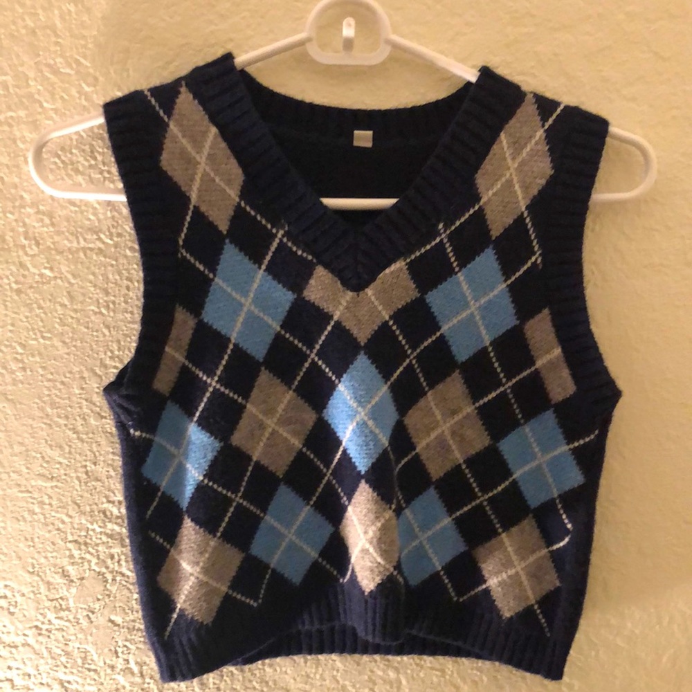 Plaid Blue Grey White Vest